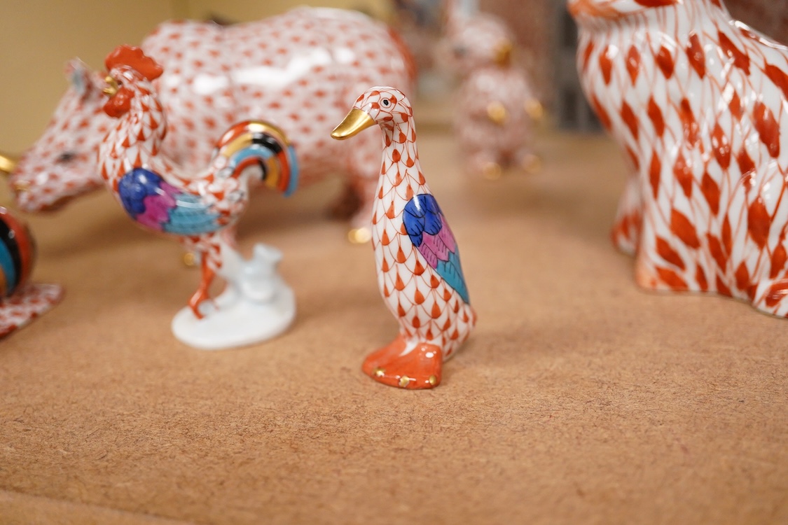 A group of Herend red scale animals and a similar cat, 14cm high